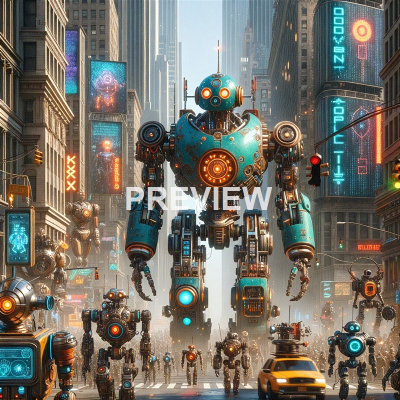 A large, futuristic robot with glowing orange lights walking down a busy city street filled with smaller robots, digital billboards, and tall skyscrapers.